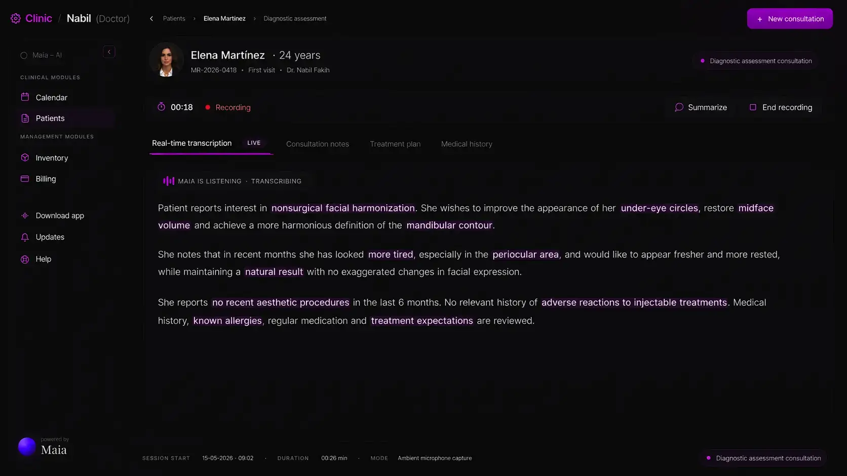 Dashboard MAIA · transcripción en tiempo real de consulta de Elena Martínez