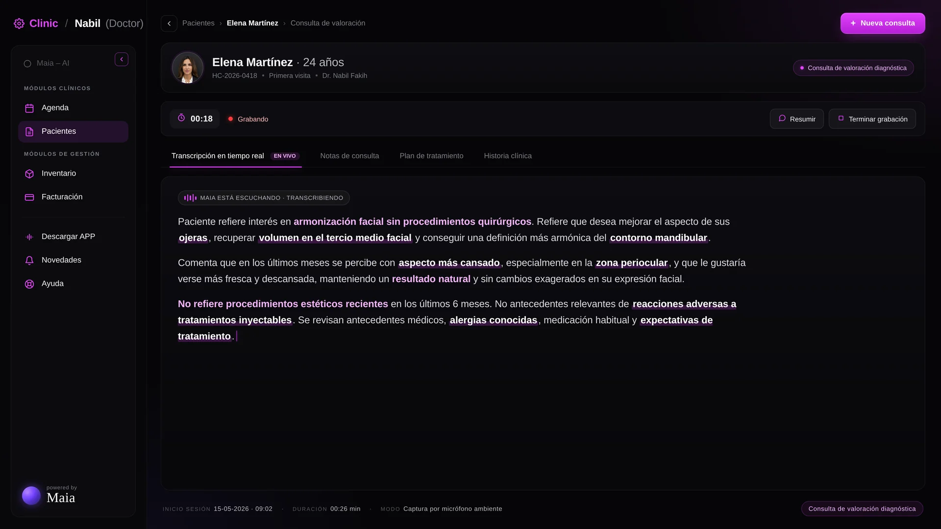 Dashboard MAIA · transcripción en tiempo real de consulta de Elena Martínez
