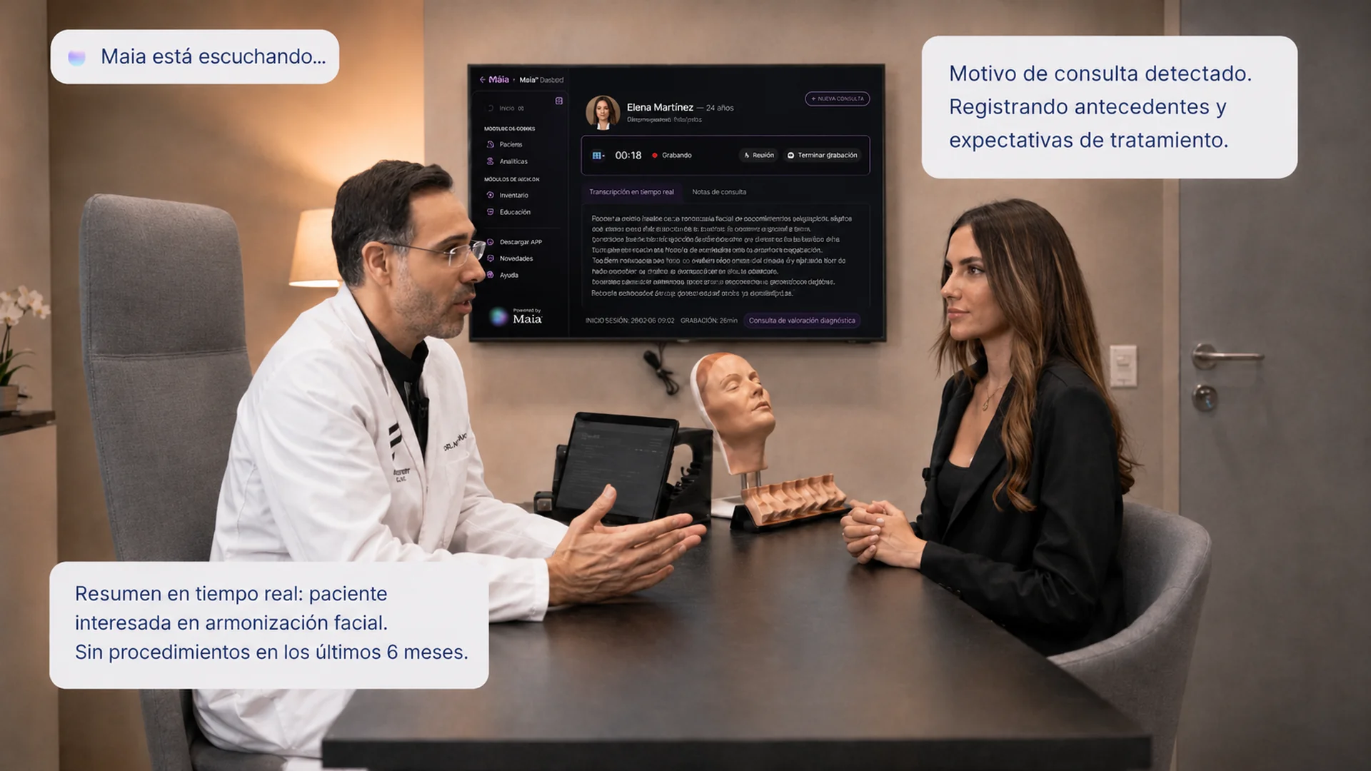 Dr. Nabil Fakih durante consulta con paciente · MAIA registra en tiempo real en pantalla
