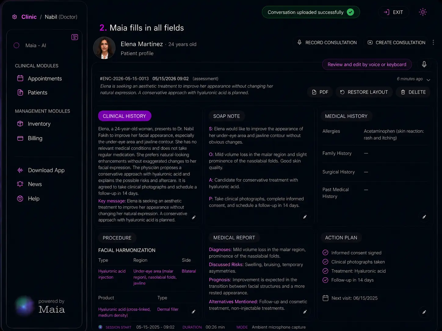 Maia rellena automáticamente todos los campos de la historia clínica