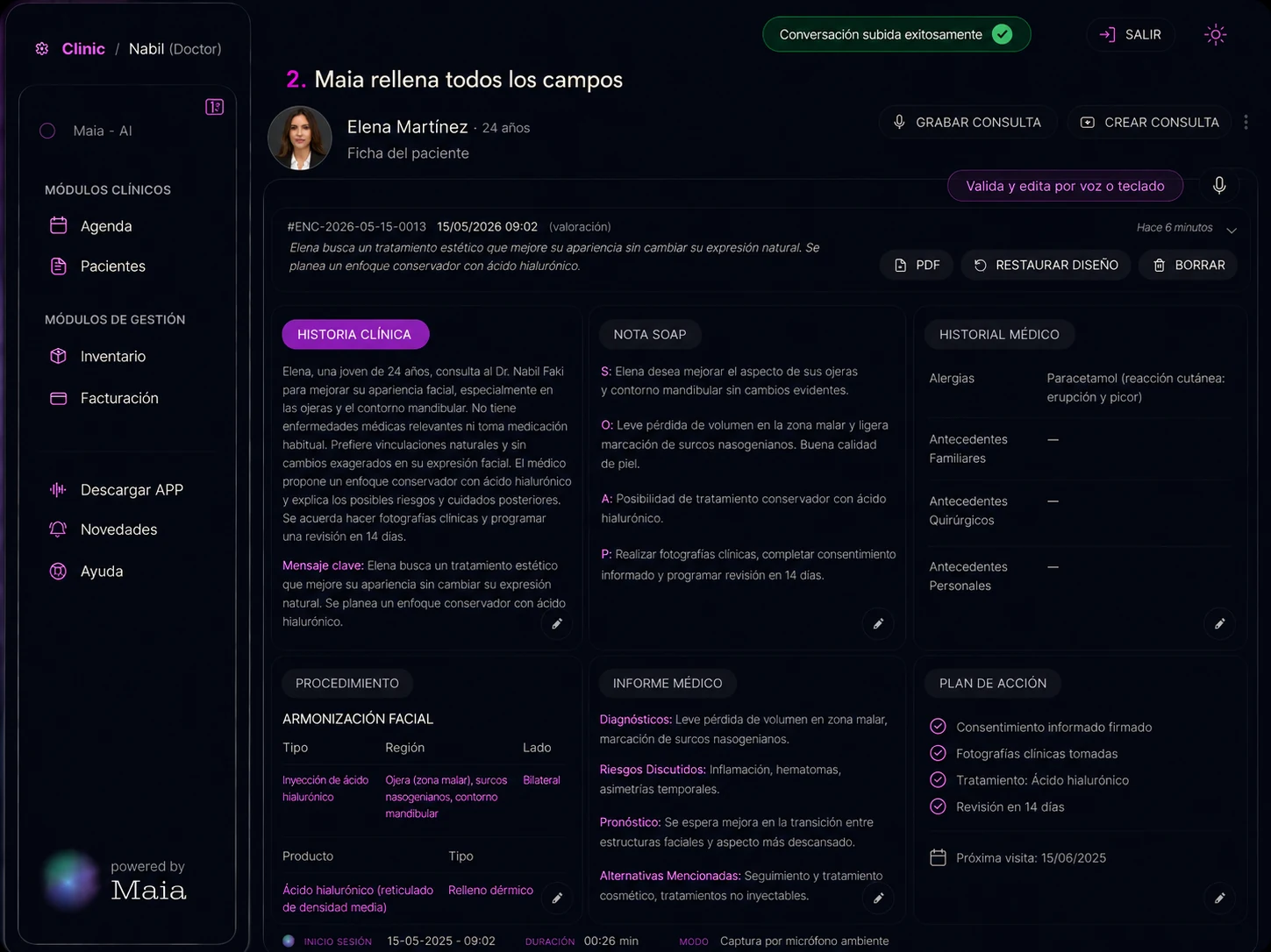 Maia rellena automáticamente todos los campos de la historia clínica