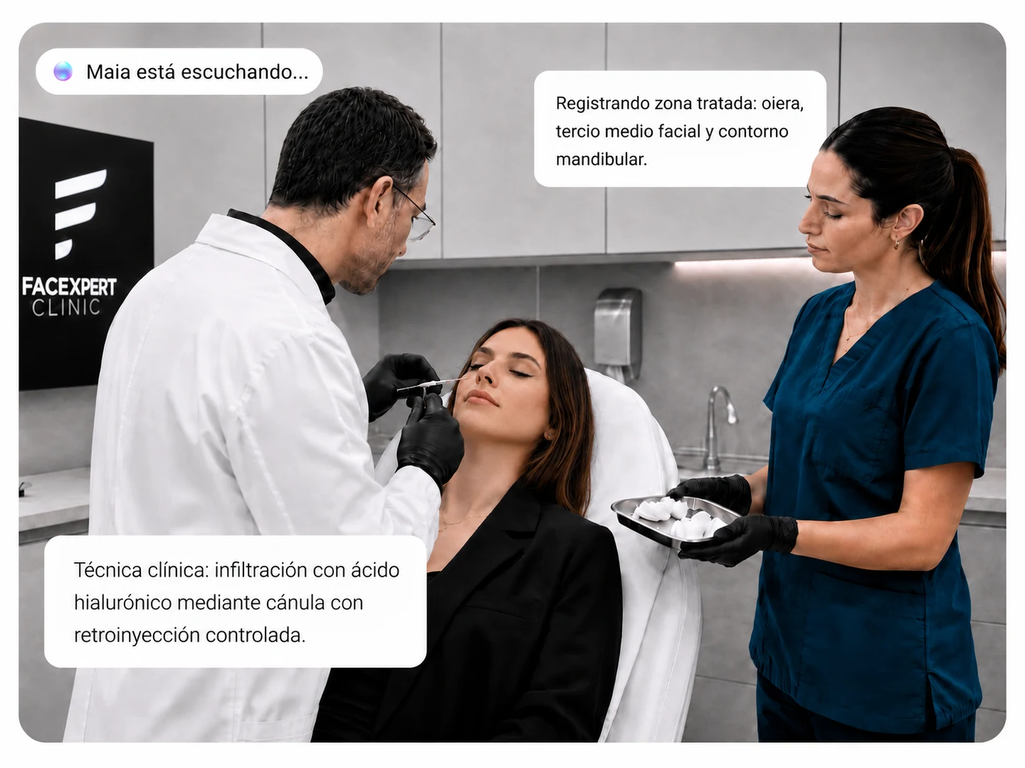 Maia registra la zona tratada y la técnica clínica durante el procedimiento
