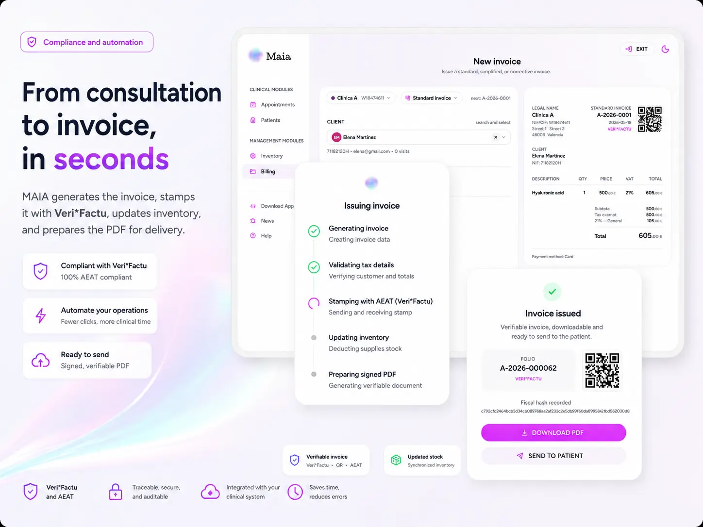 Maia genera la factura, la timbra con Veri*Factu y prepara el PDF para envío